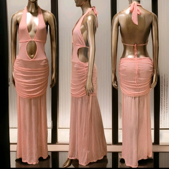 Boutique Dresses & Skirts - NWT Sexy Pink Halter Cut-Out Ruched Sheer Mesh Ibiza Maxi Dress Sz M